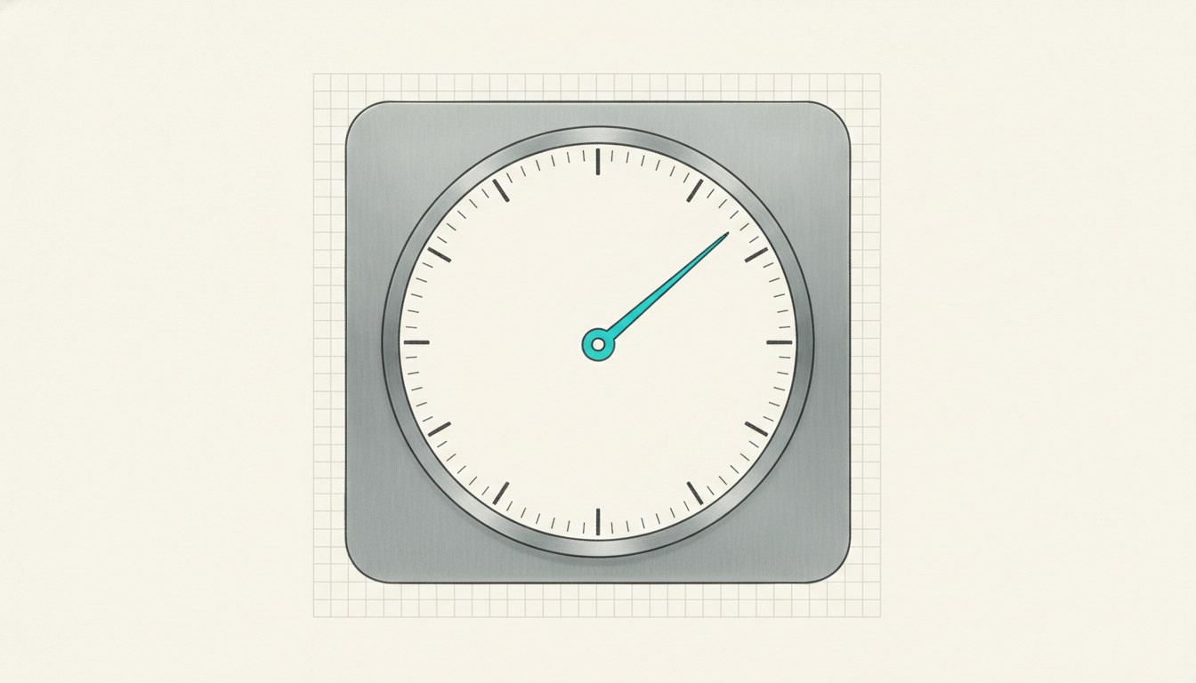 Illustration: a large mechanical dial with unlabelled tick marks and a single slender cyan needle.