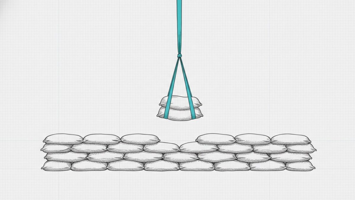 Illustration: a low wall of plain sandbags with one bag lifted cleanly out by a cyan strap, the wall still standing.