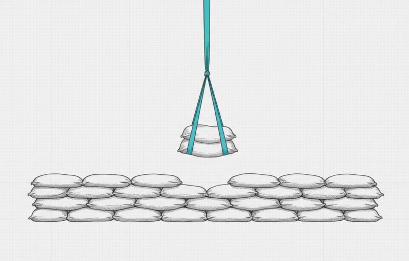 Illustration: a low wall of plain sandbags with one bag lifted cleanly out by a cyan strap, the wall still standing.