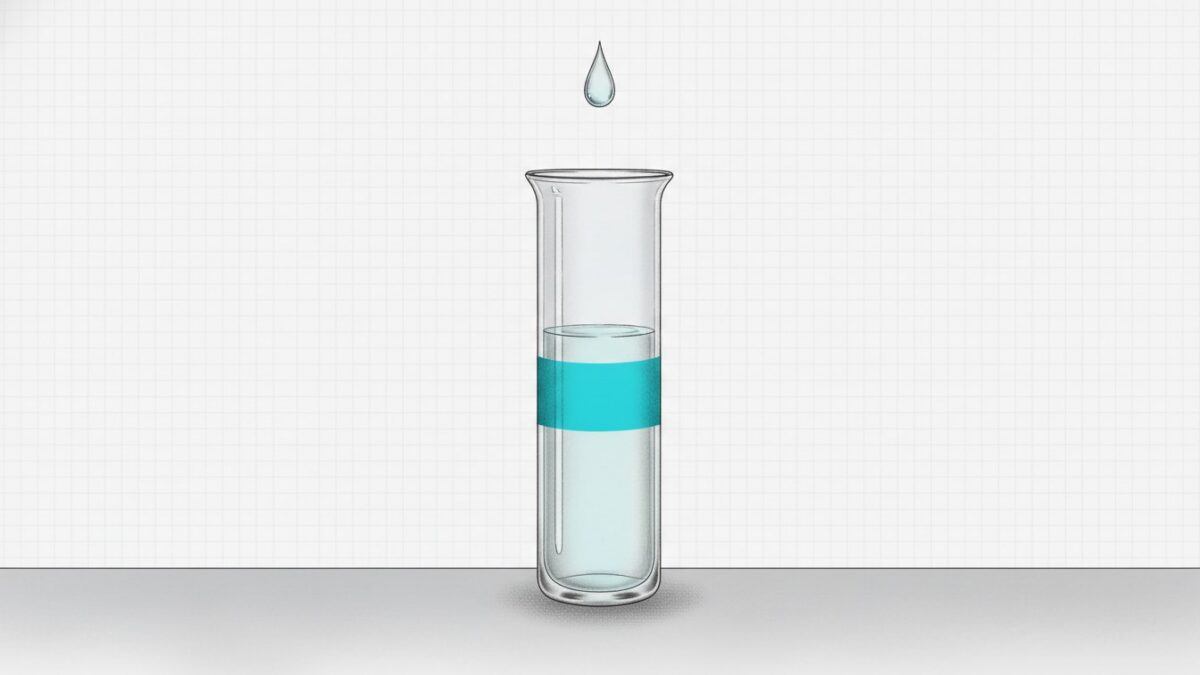 Illustration: a tall glass vessel part-filled by a slow steady drip from above, with a blank cyan band at the current level.