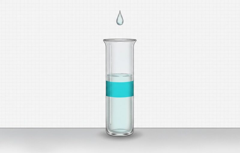 Illustration: a tall glass vessel part-filled by a slow steady drip from above, with a blank cyan band at the current level.