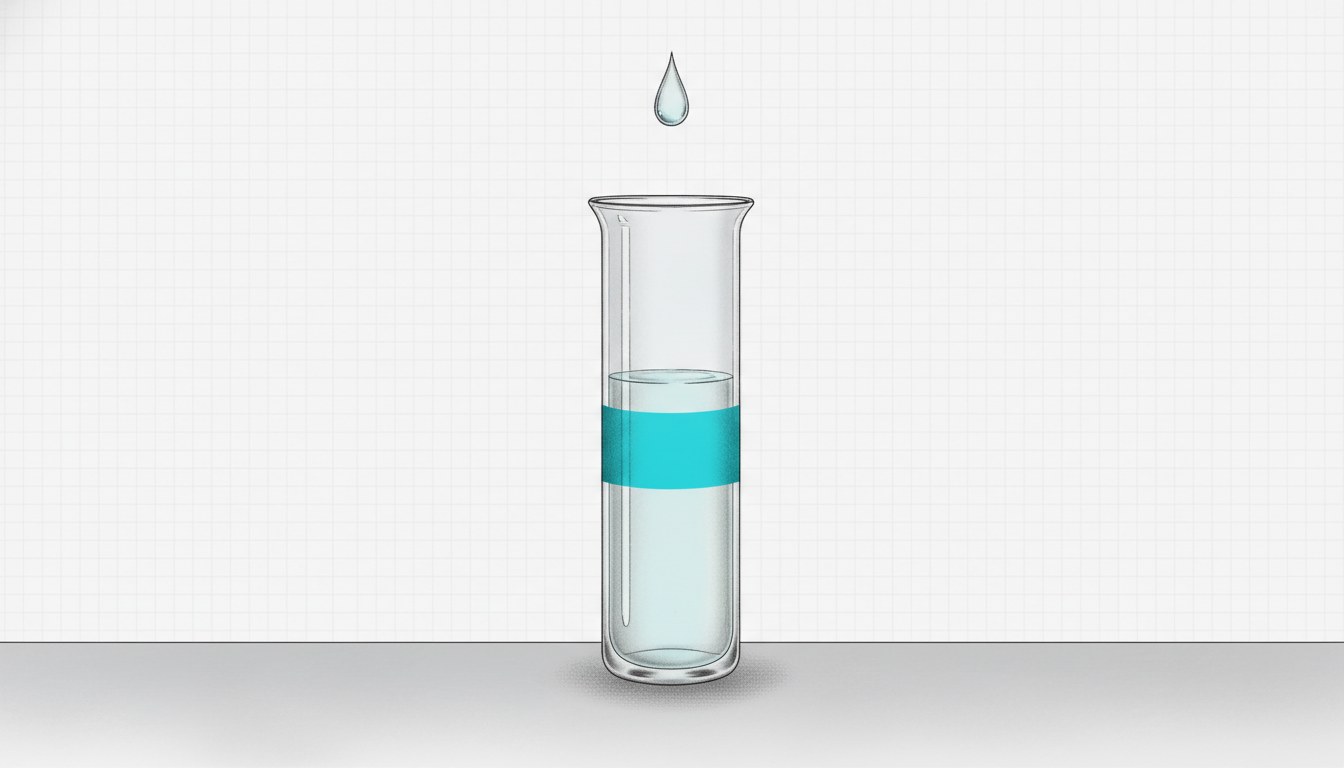 Illustration: a tall glass vessel part-filled by a slow steady drip from above, with a blank cyan band at the current level.