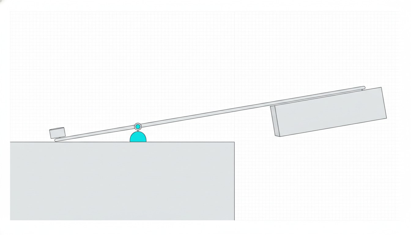 Illustration: a long lever on a small cyan fulcrum, a small weight lifting a much larger block that overhangs a table edge.