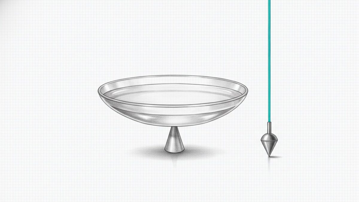 Illustration: a wide shallow dish balanced perfectly level on a central pivot, beside a hanging cyan plumb-line.