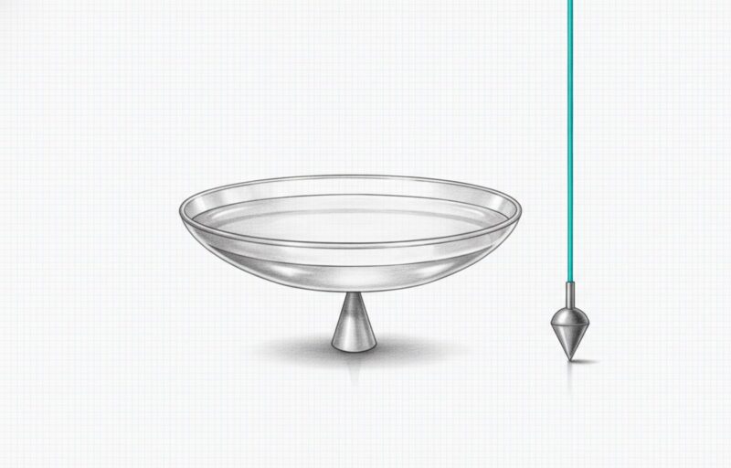 Illustration: a wide shallow dish balanced perfectly level on a central pivot, beside a hanging cyan plumb-line.