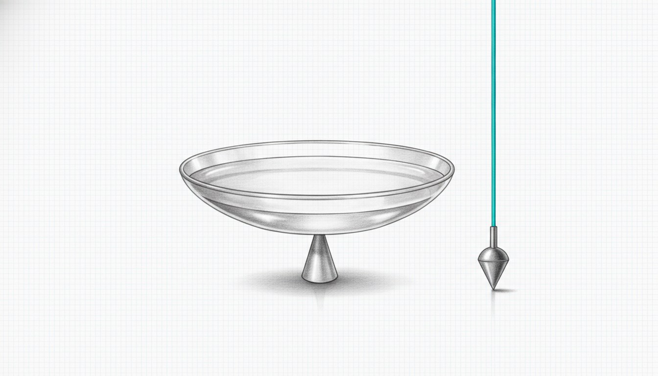 Illustration: a wide shallow dish balanced perfectly level on a central pivot, beside a hanging cyan plumb-line.