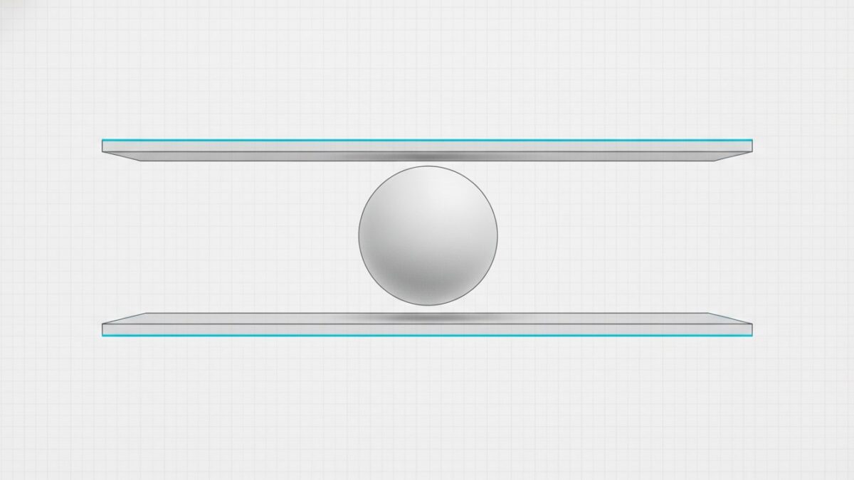 Illustration: a blank sphere suspended between two flat parallel plates with cyan facing edges, touching neither.