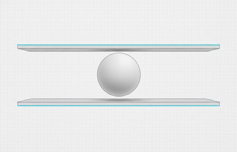Illustration: a blank sphere suspended between two flat parallel plates with cyan facing edges, touching neither.