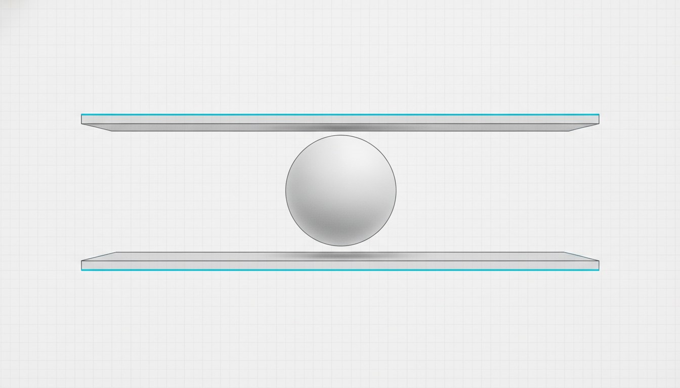 Illustration: a blank sphere suspended between two flat parallel plates with cyan facing edges, touching neither.