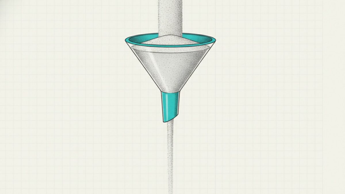 Illustration: a funnel with a cyan neck, a wide column of sand entering the top and a visibly narrower column leaving the bottom.