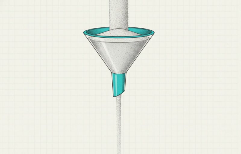 Illustration: a funnel with a cyan neck, a wide column of sand entering the top and a visibly narrower column leaving the bottom.