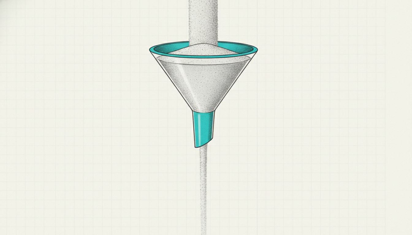 Illustration: a funnel with a cyan neck, a wide column of sand entering the top and a visibly narrower column leaving the bottom.