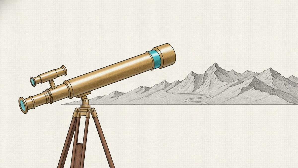 Illustration: a brass telescope on a tripod, its focus ring cyan, aimed across open space at a long winding mountain ridge.