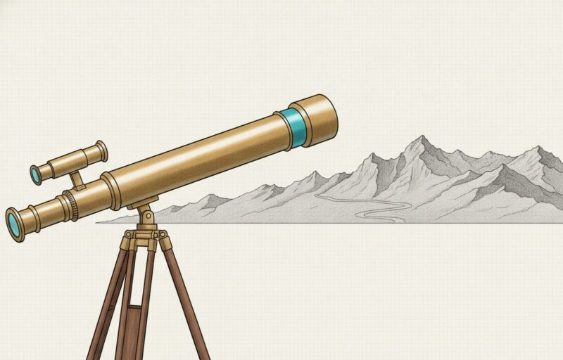 Illustration: a brass telescope on a tripod, its focus ring cyan, aimed across open space at a long winding mountain ridge.