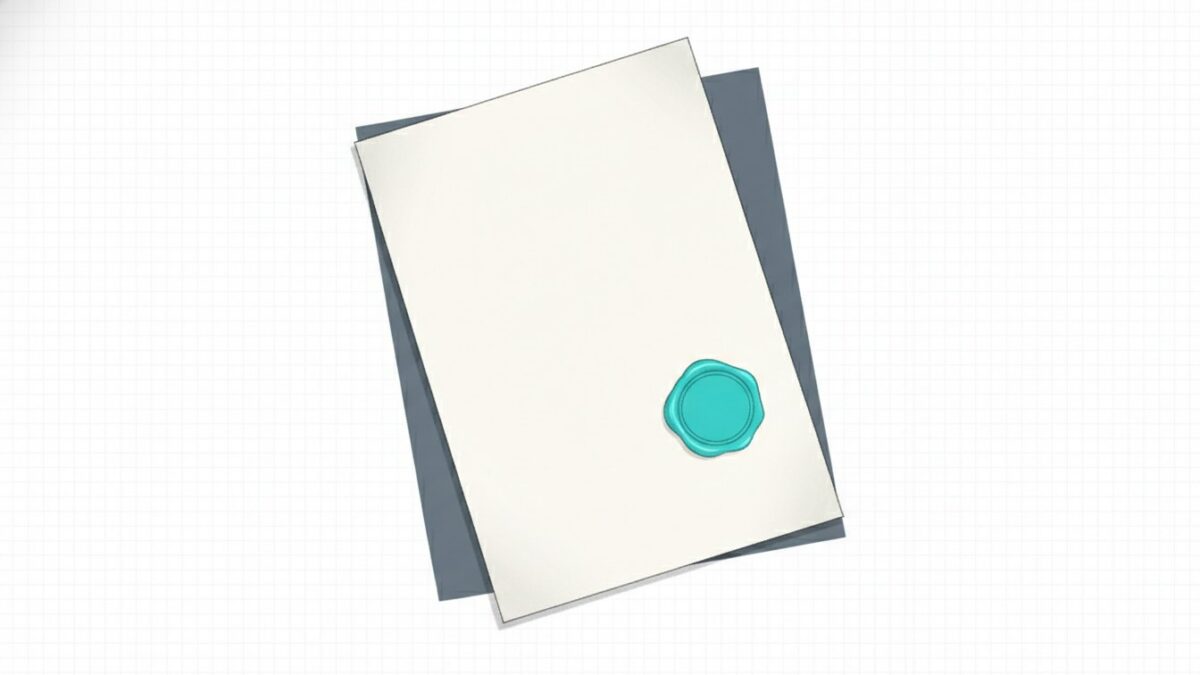 Illustration: a completely blank sheet of paper on a dark desk, carrying a single cyan wax seal.