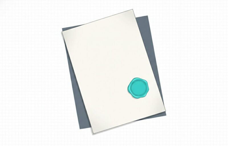 Illustration: a completely blank sheet of paper on a dark desk, carrying a single cyan wax seal.