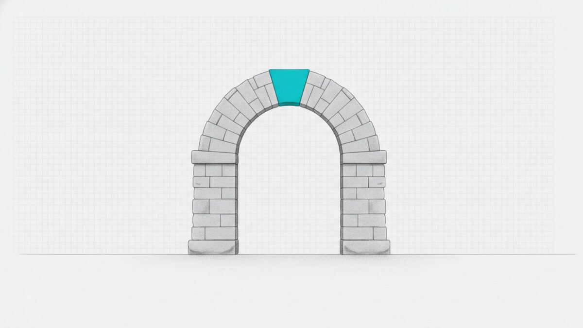Illustration: a plain stone archway standing alone on open ground, with a single cyan keystone at its apex.