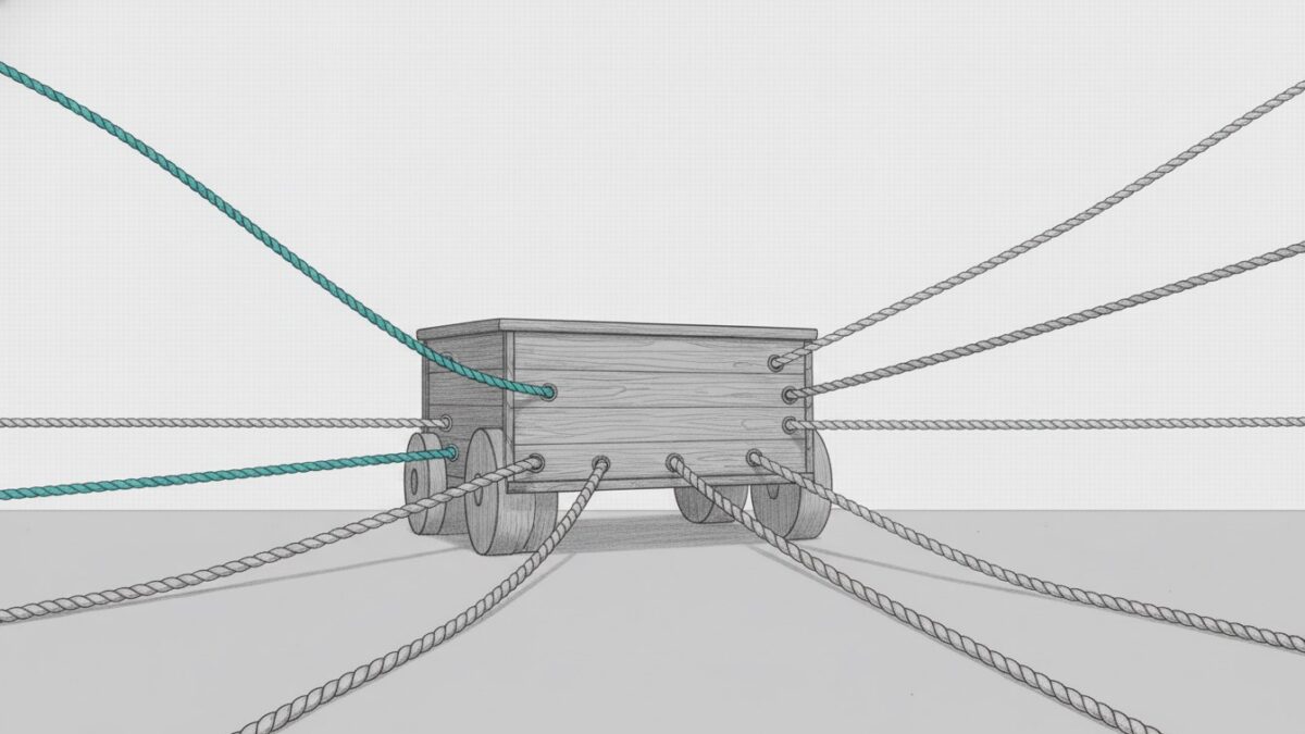 Illustration: a stationary cart pulled by several taut ropes running off in different directions, one of them cyan.