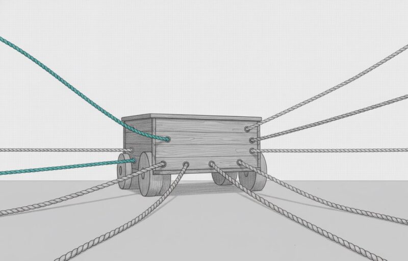 Illustration: a stationary cart pulled by several taut ropes running off in different directions, one of them cyan.