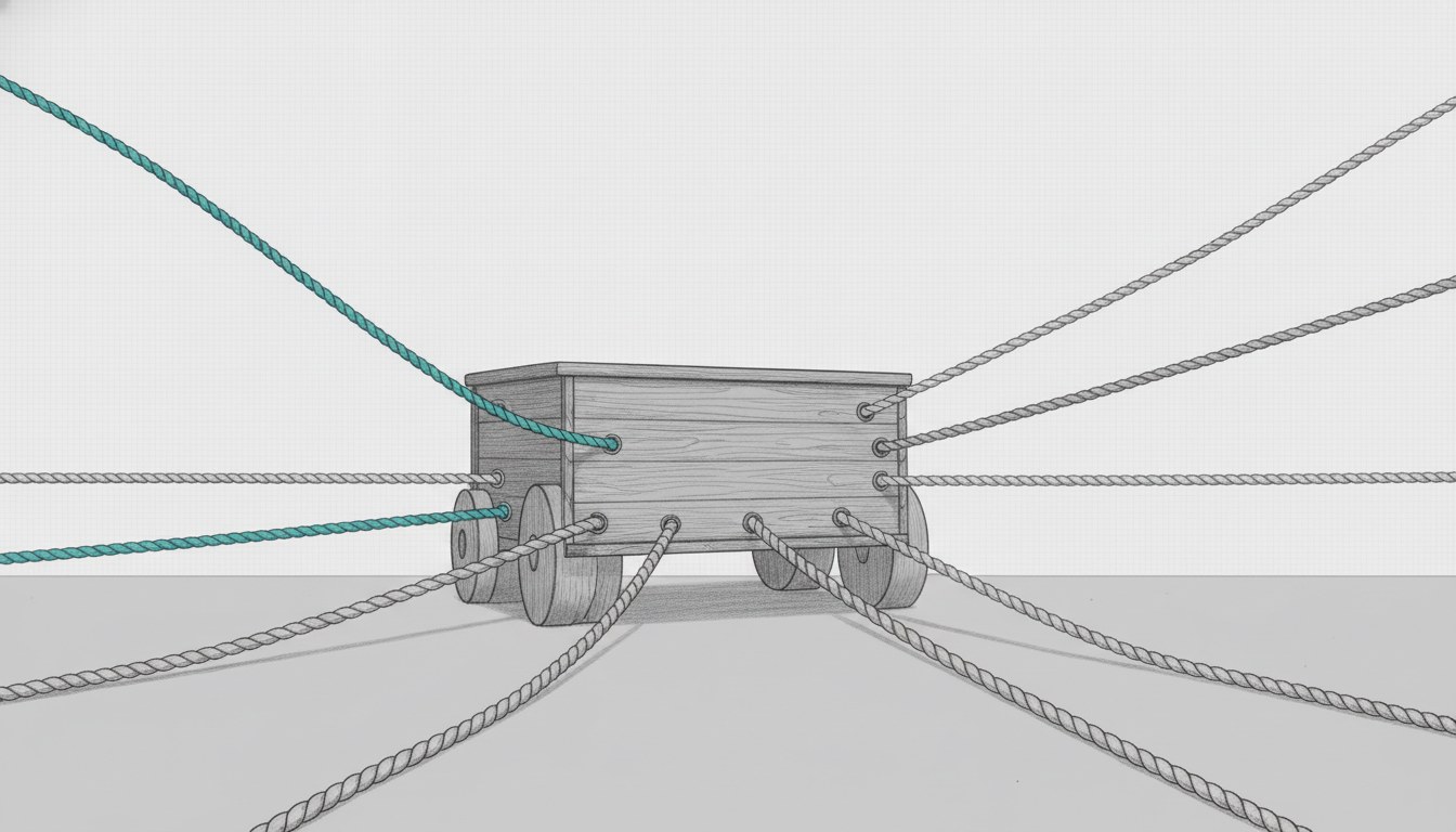 Illustration: a stationary cart pulled by several taut ropes running off in different directions, one of them cyan.