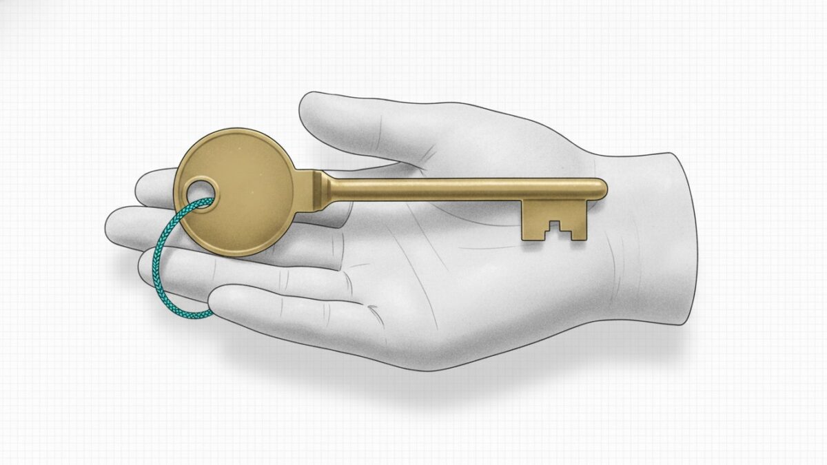Illustration: a plain unengraved brass key resting on an open stone palm, with a fine cyan cord through its bow.