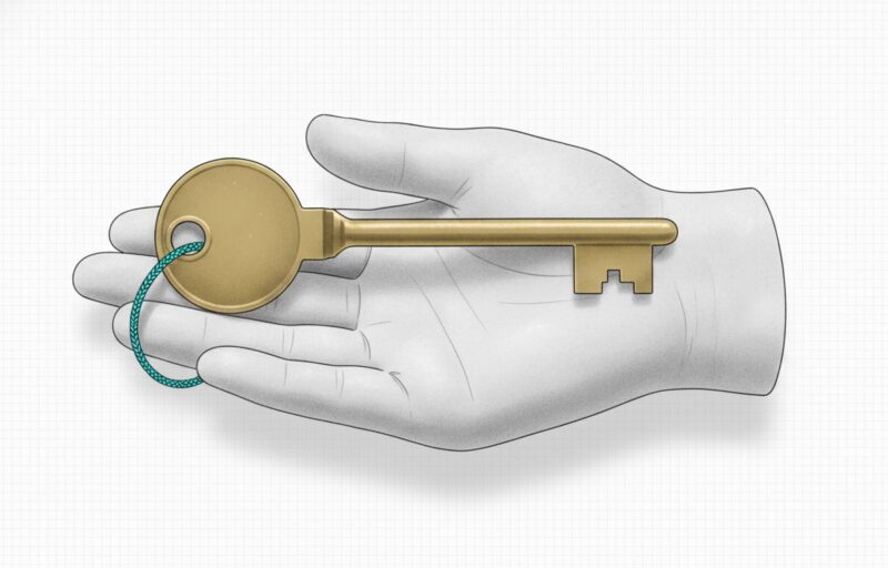 Illustration: a plain unengraved brass key resting on an open stone palm, with a fine cyan cord through its bow.