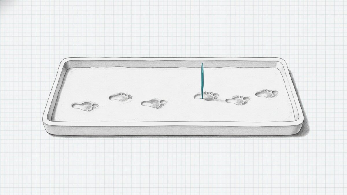Illustration: a shallow tray of fine sand crossed by a single line of footprints, with one cyan pin standing in one print.
