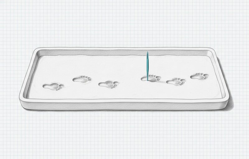 Illustration: a shallow tray of fine sand crossed by a single line of footprints, with one cyan pin standing in one print.