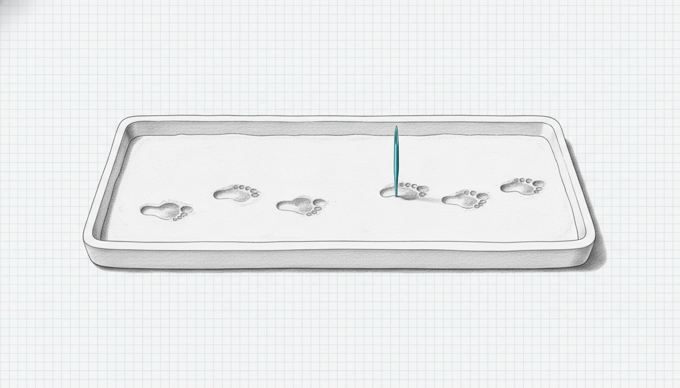 Illustration: a shallow tray of fine sand crossed by a single line of footprints, with one cyan pin standing in one print.