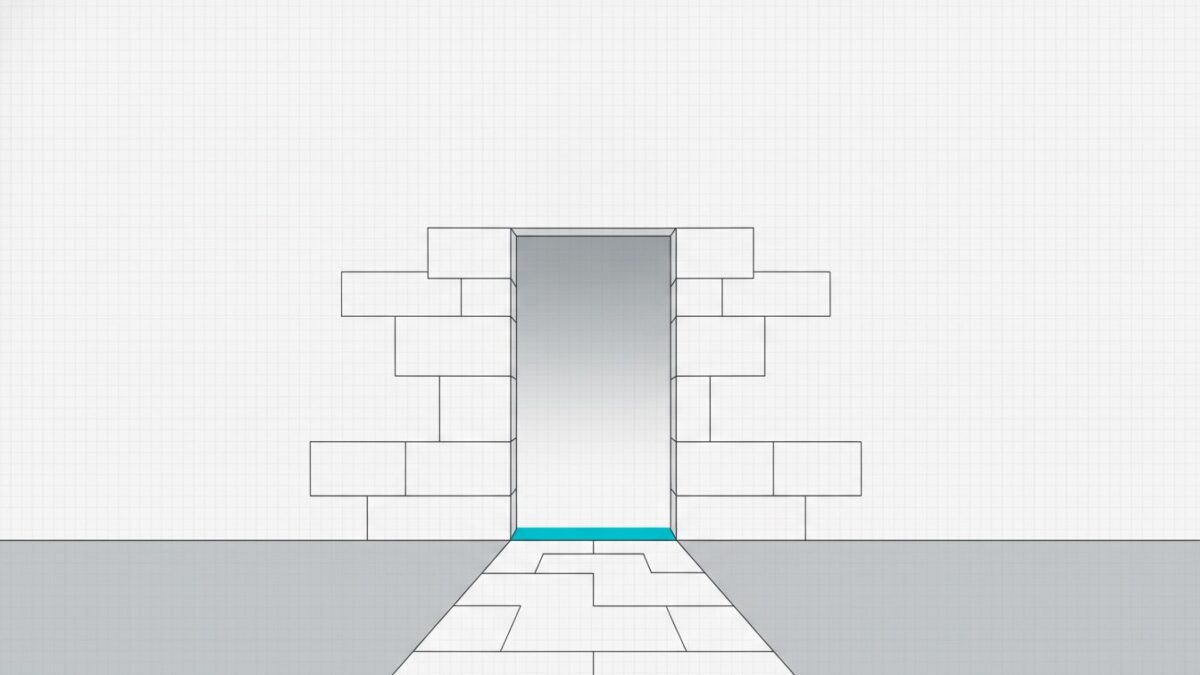 Illustration: a single open doorway cut through a plain stone wall, with a cyan threshold strip and a paved path leading to it.