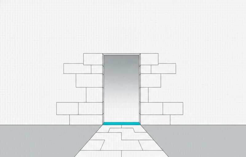 Illustration: a single open doorway cut through a plain stone wall, with a cyan threshold strip and a paved path leading to it.