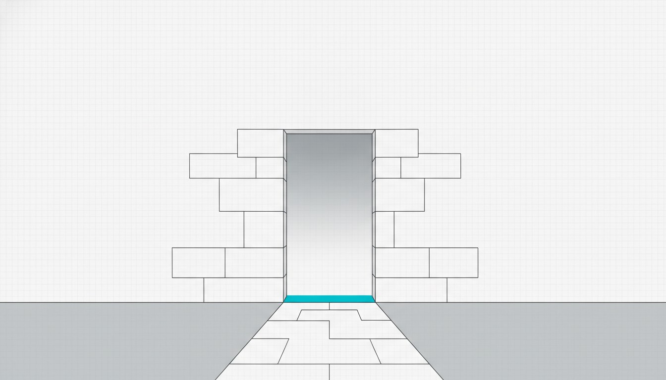 Illustration: a single open doorway cut through a plain stone wall, with a cyan threshold strip and a paved path leading to it.